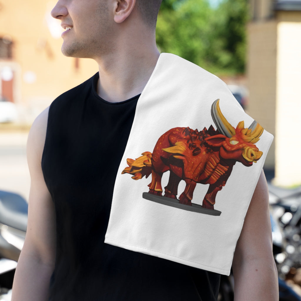 Fire Bull Rally Towel measuring 11x18 inches, featuring a soft cotton backing and a printed polyester front, ideal for sports and events.