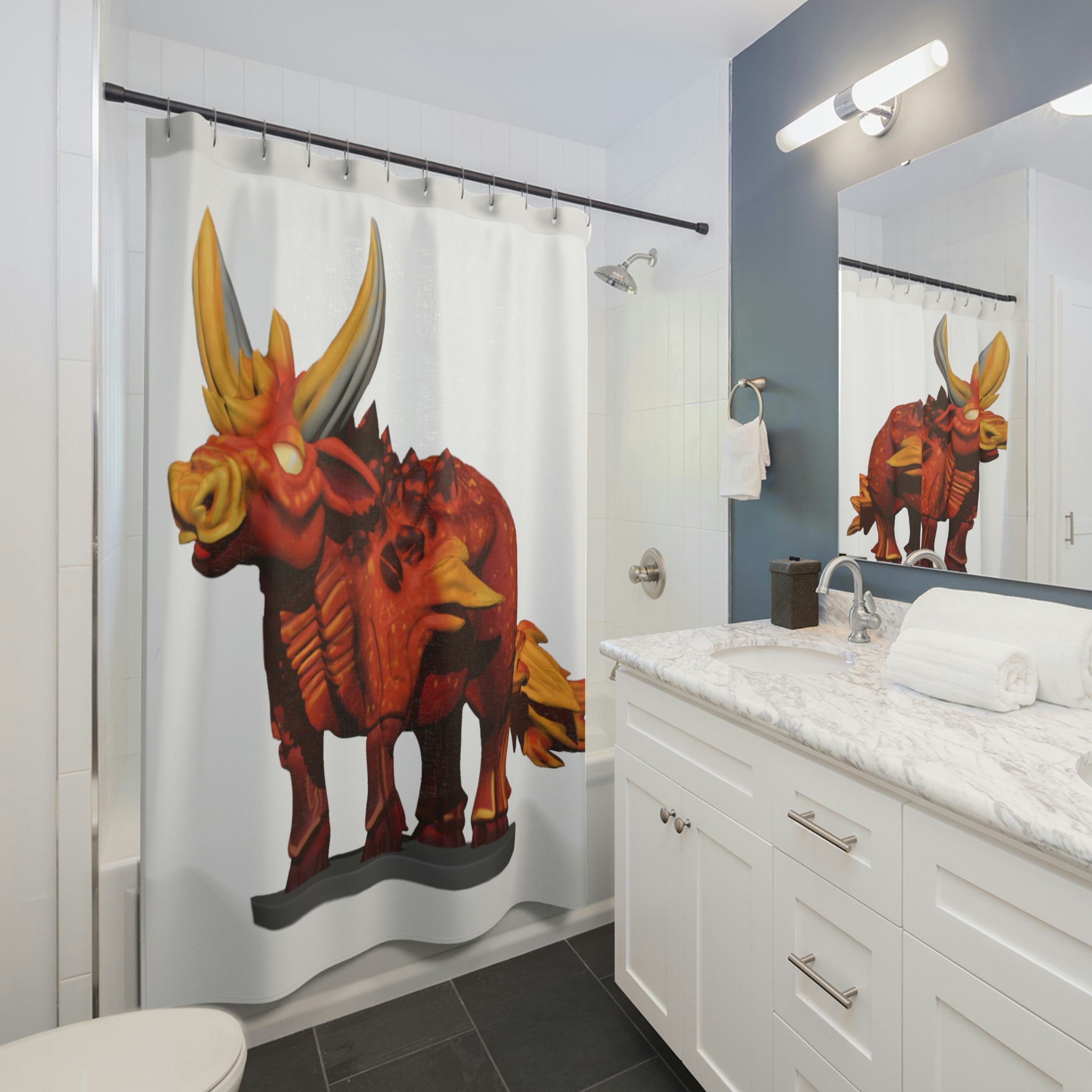 Fire Bull Shower Curtain featuring vibrant design on durable polyester fabric, perfect for adding style to any bathroom.