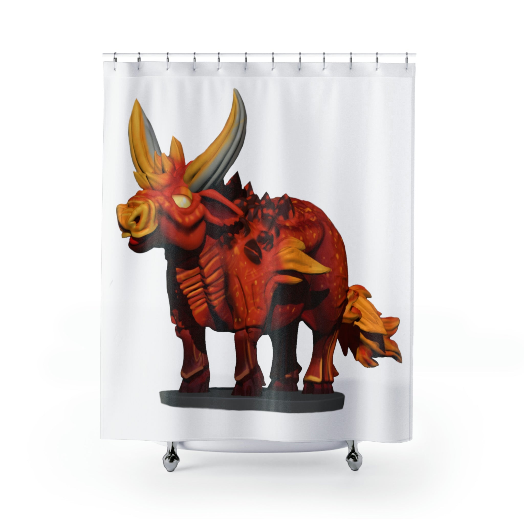 Fire Bull Shower Curtain featuring vibrant design on durable polyester fabric, perfect for adding style to any bathroom.