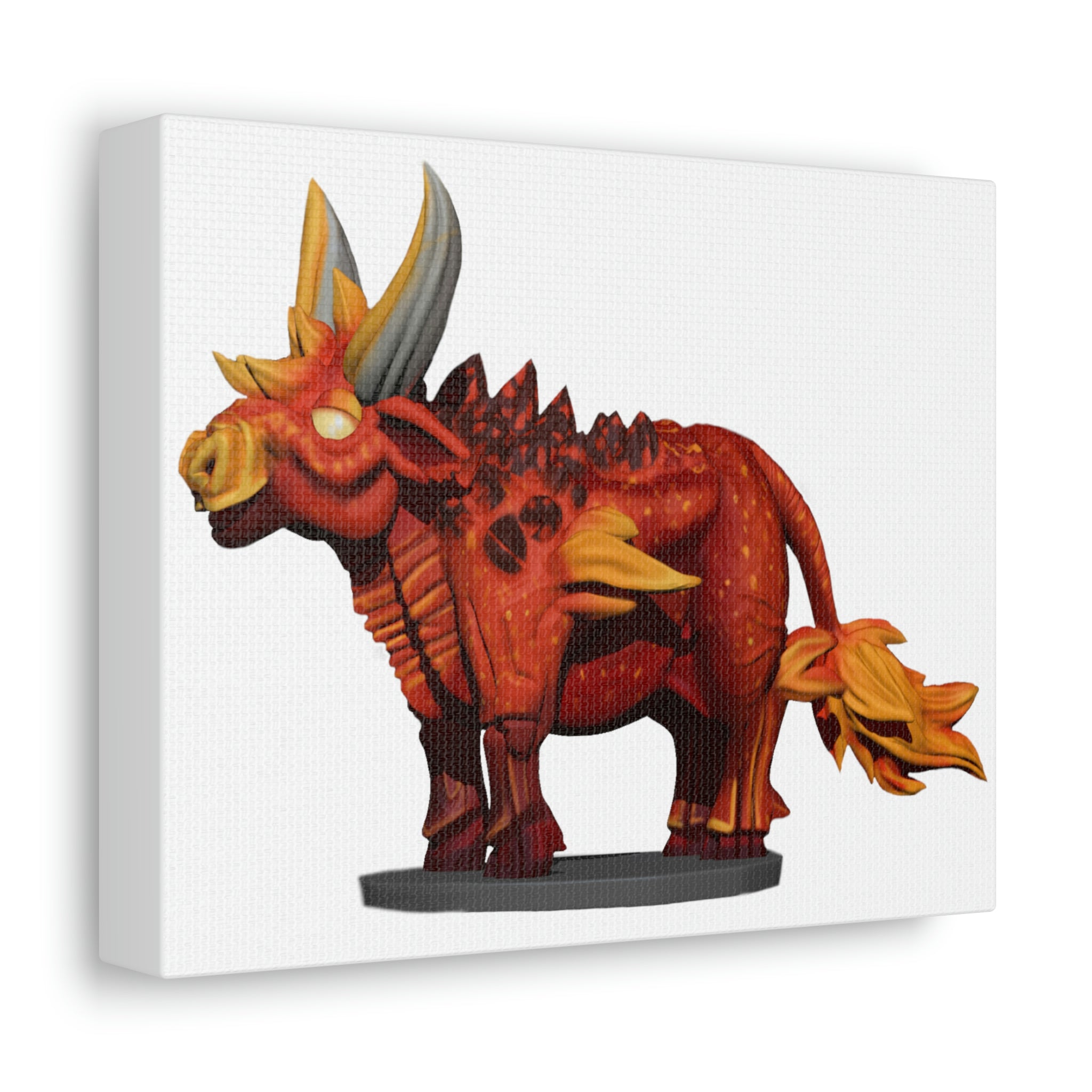 Fire Bull Stretched Canvas artwork featuring vibrant colors and intricate details, mounted on a sturdy wooden frame.