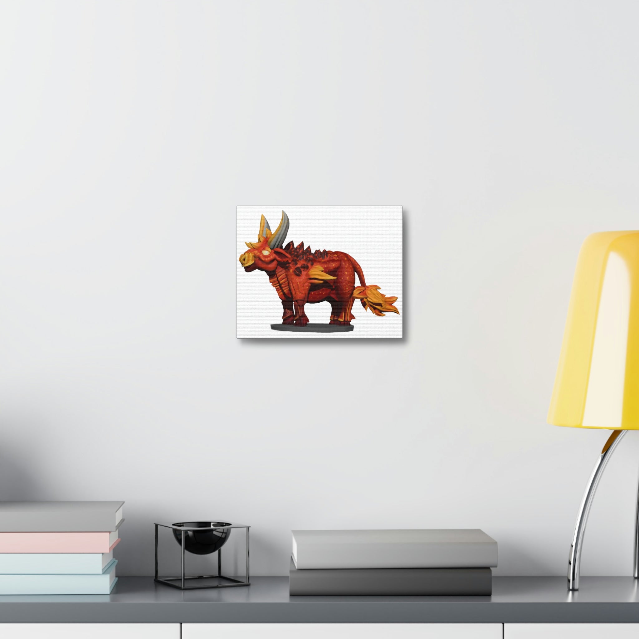 Fire Bull Stretched Canvas artwork featuring vibrant colors and intricate details, mounted on a sturdy wooden frame.