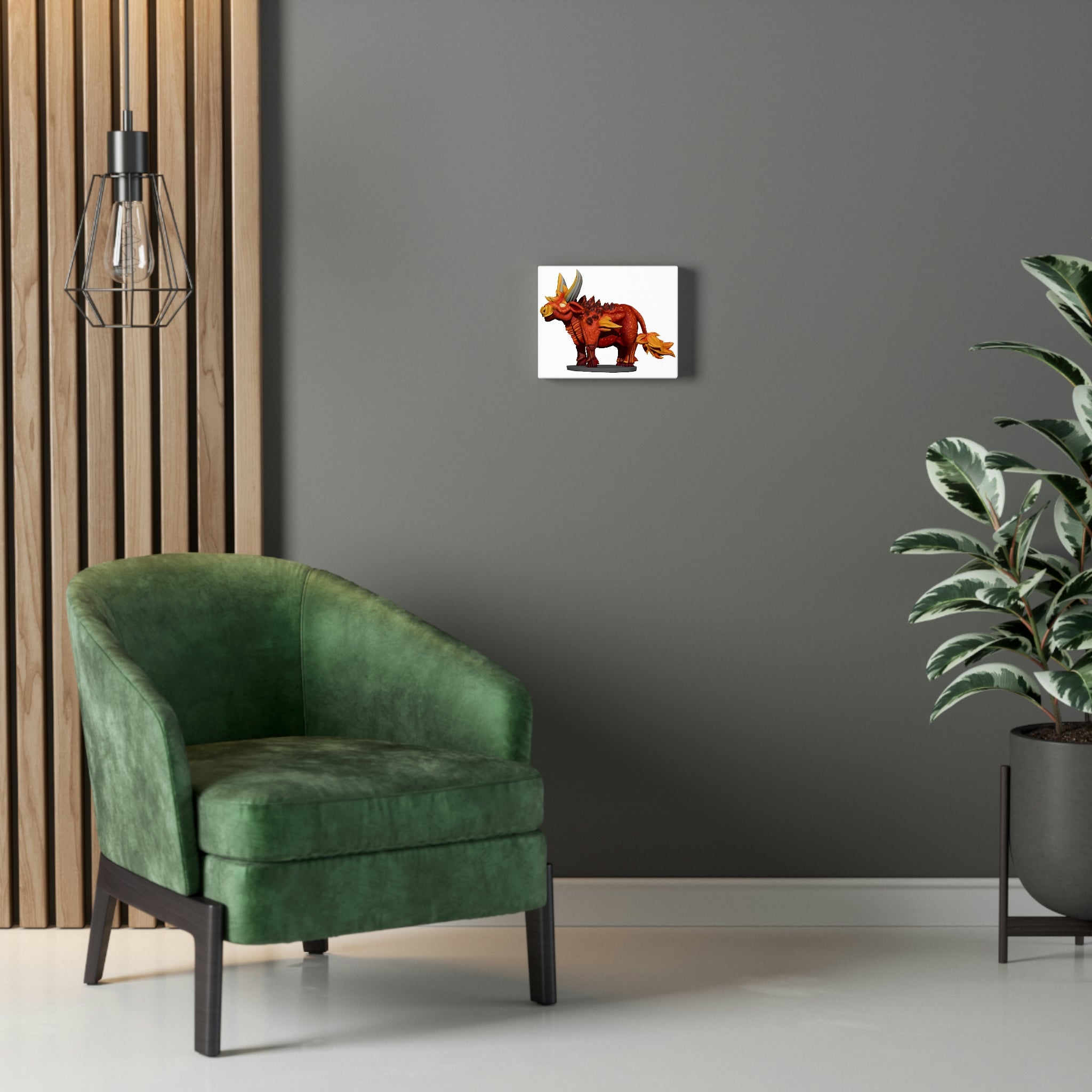 Fire Bull Stretched Canvas artwork featuring vibrant colors and intricate details, mounted on a sturdy wooden frame.