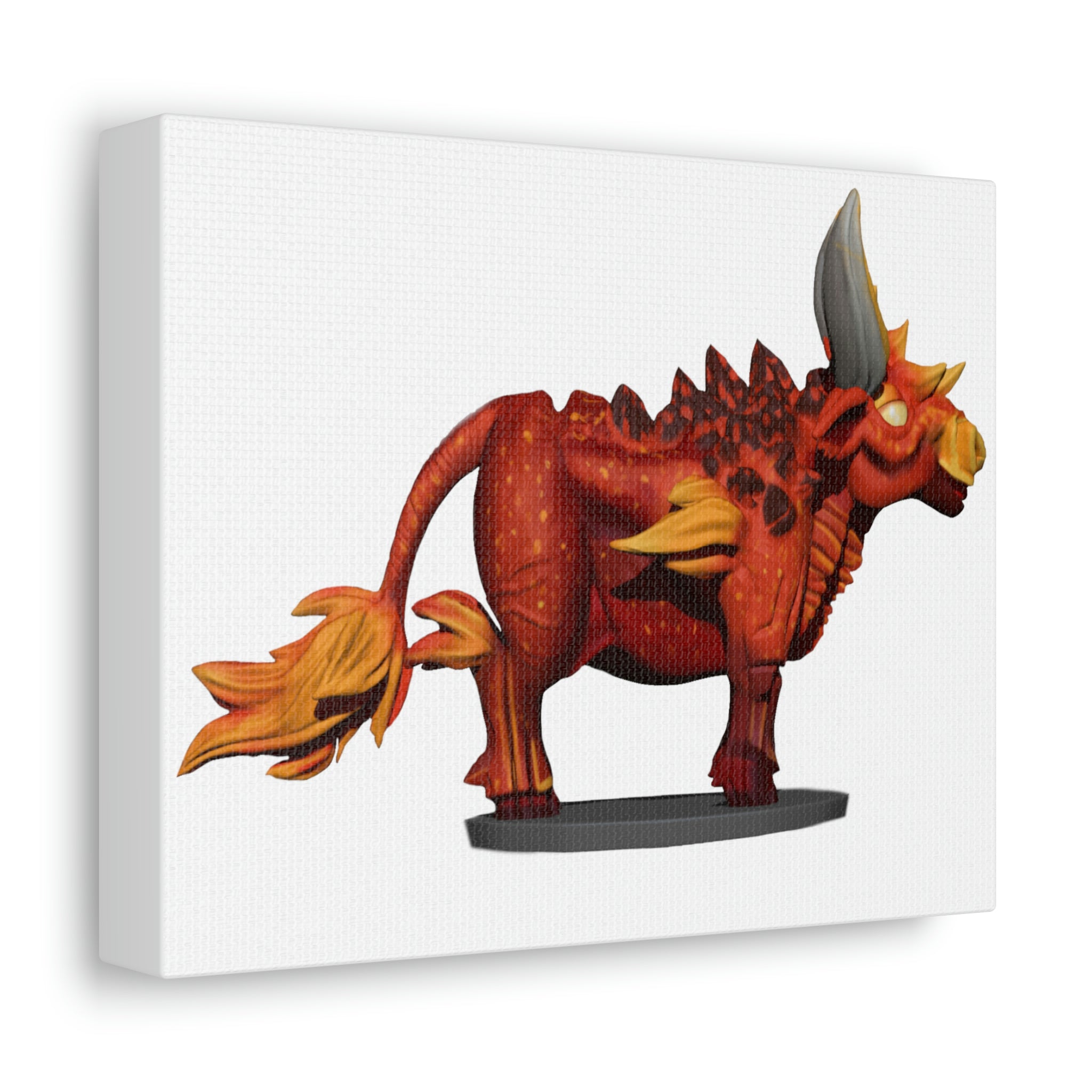 Fire Bull Stretched Canvas artwork featuring vibrant colors and intricate details, mounted on a sturdy wooden frame.