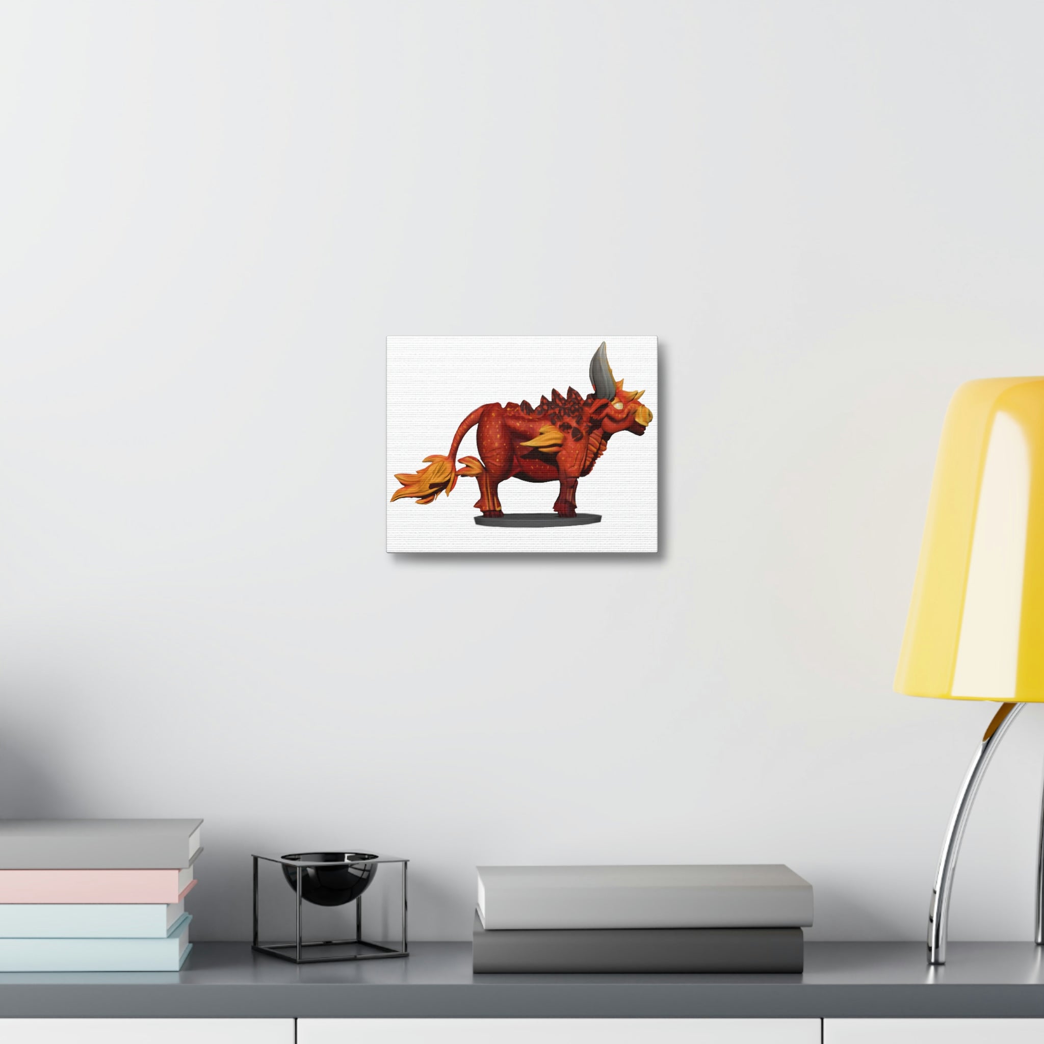 Fire Bull Stretched Canvas artwork featuring vibrant colors and intricate details, mounted on a sturdy wooden frame.