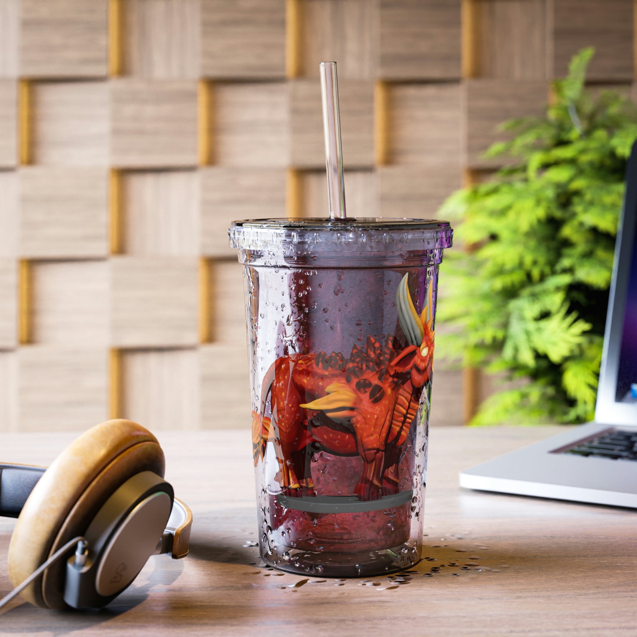 Fire Bull Suave Acrylic Cup in stainless steel with a black screw-on cap and plastic straw, showcasing a sleek design.