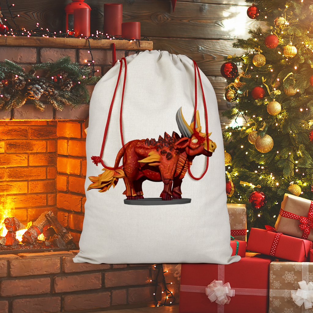 Fire Bull Sublimation Linen Drawstring Sack with red drawstring, featuring a linen effect and eco-friendly print, ideal for Christmas gifts.