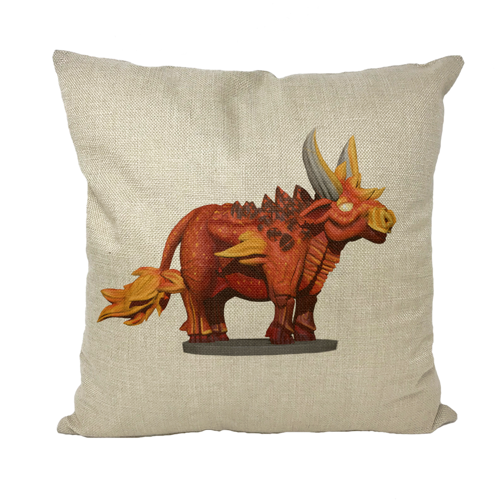 Fire Bull Throw Pillows in various styles including linen, canvas, and suede, showcasing vibrant colors and textures.