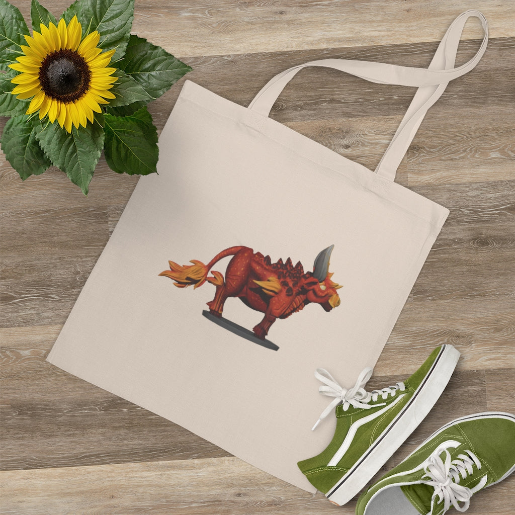 Fire Bull Tote Bag made of 100% cotton with long handles and cross stitching, available in multiple colors.