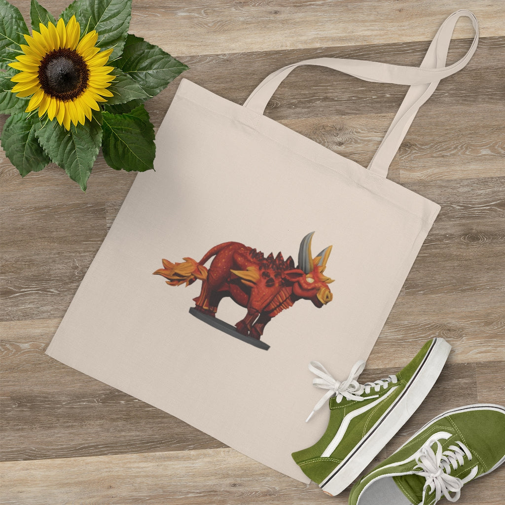 Fire Bull Tote Bag made of 100% cotton with long handles and cross stitching for added stability, available in multiple colors.