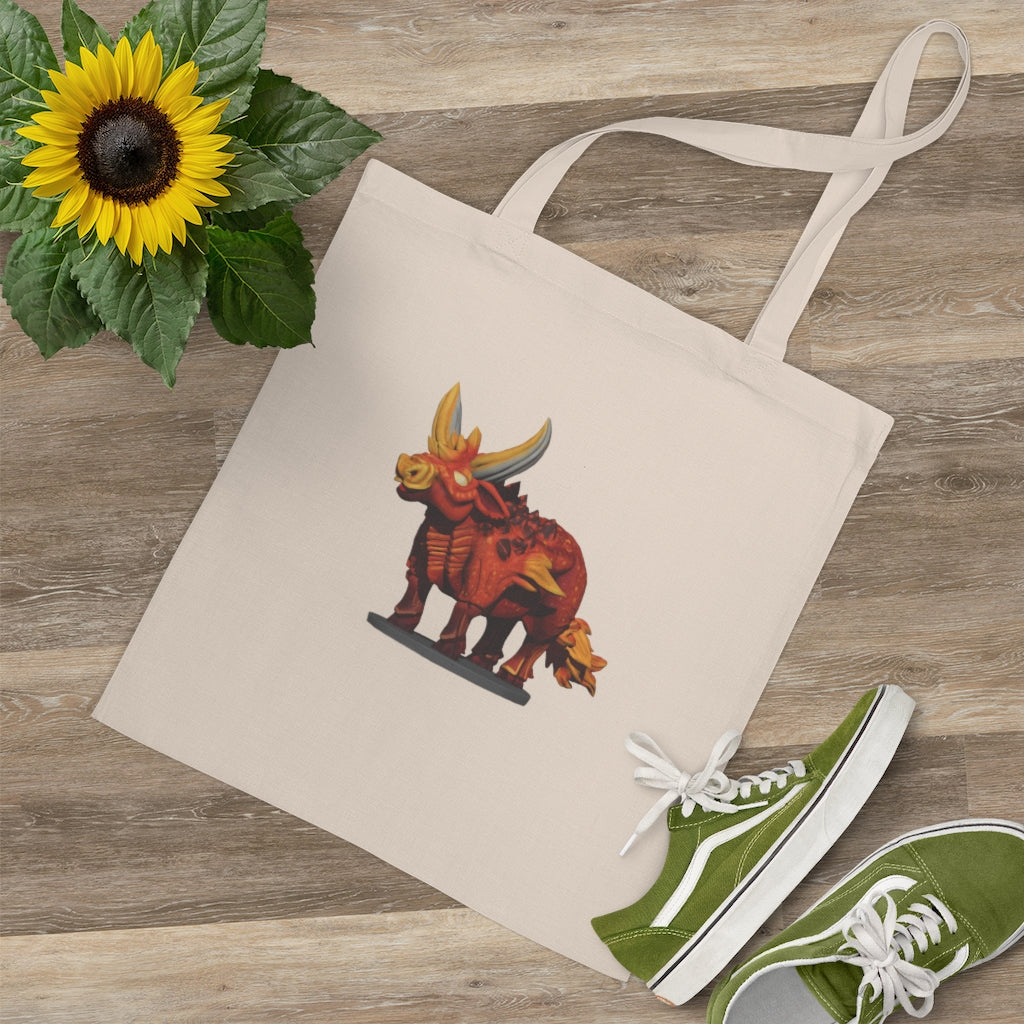 Fire Bull Tote Bag made of 100% cotton with long handles and cross stitching for added stability, available in various colors.