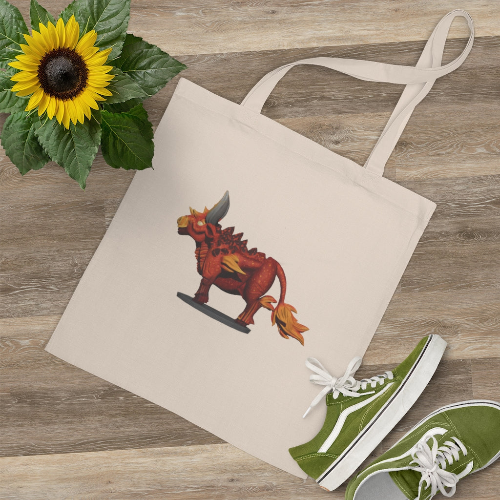 Fire Bull Tote Bag made of 100% cotton with long handles and cross stitching, available in various colors.