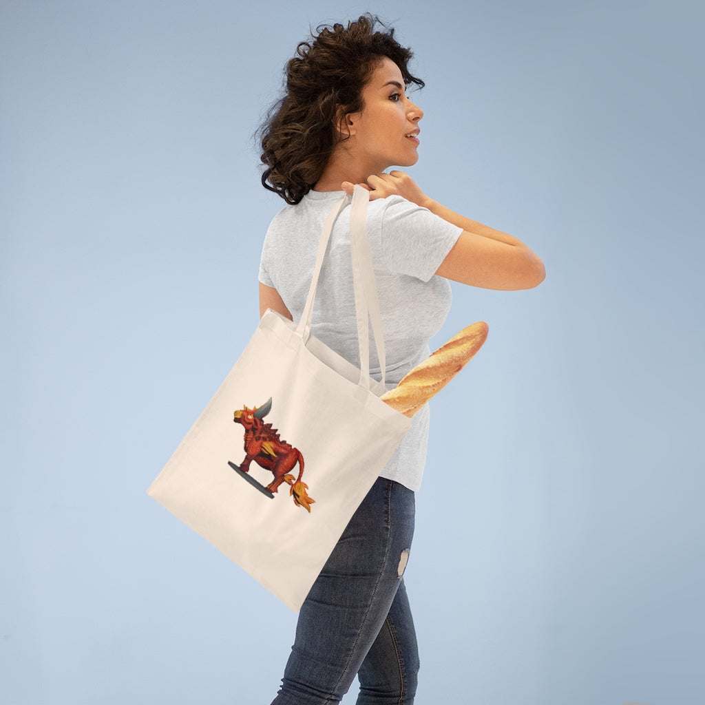 Fire Bull Tote Bag made of 100% cotton with long handles and cross stitching, available in various colors.