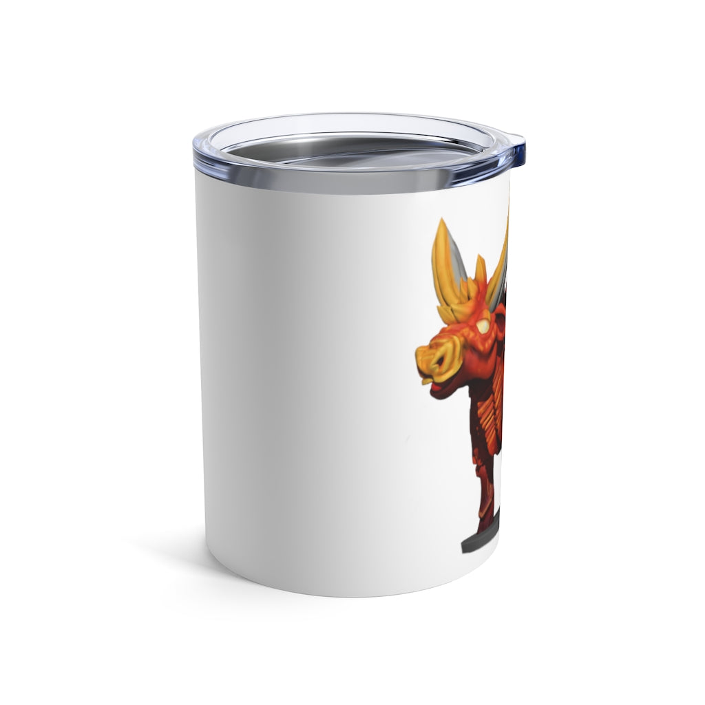 Fire Bull Tumbler 10oz made of stainless steel with a see-thru plastic lid, showcasing its sleek design and rounded corners.