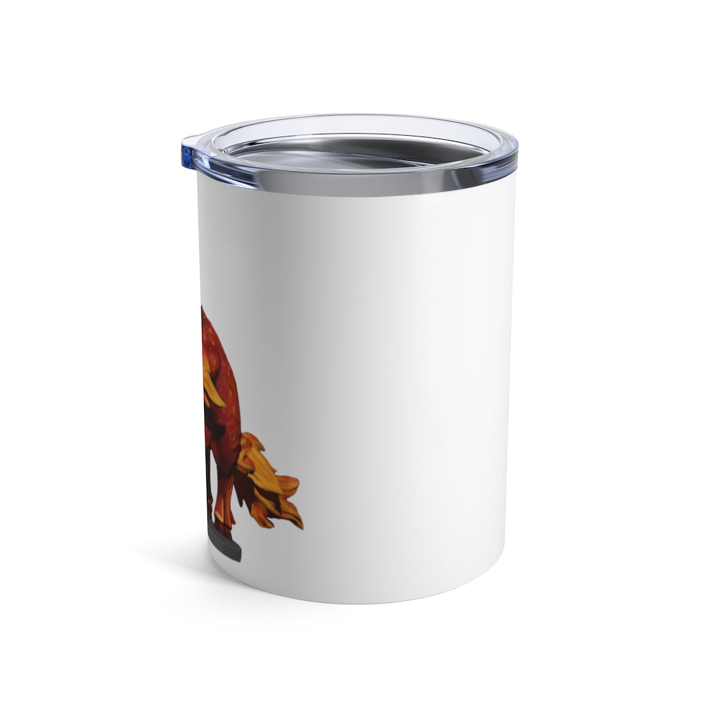 Fire Bull Tumbler 10oz made of stainless steel with a see-thru plastic lid, showcasing its sleek design and rounded corners.