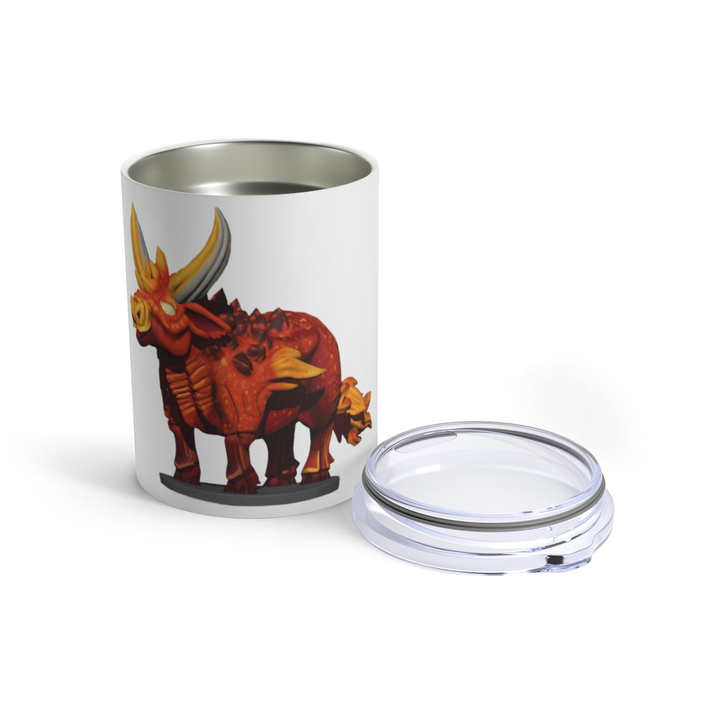 Fire Bull Tumbler 10oz made of stainless steel with a see-thru plastic lid, showcasing its sleek design and rounded corners.