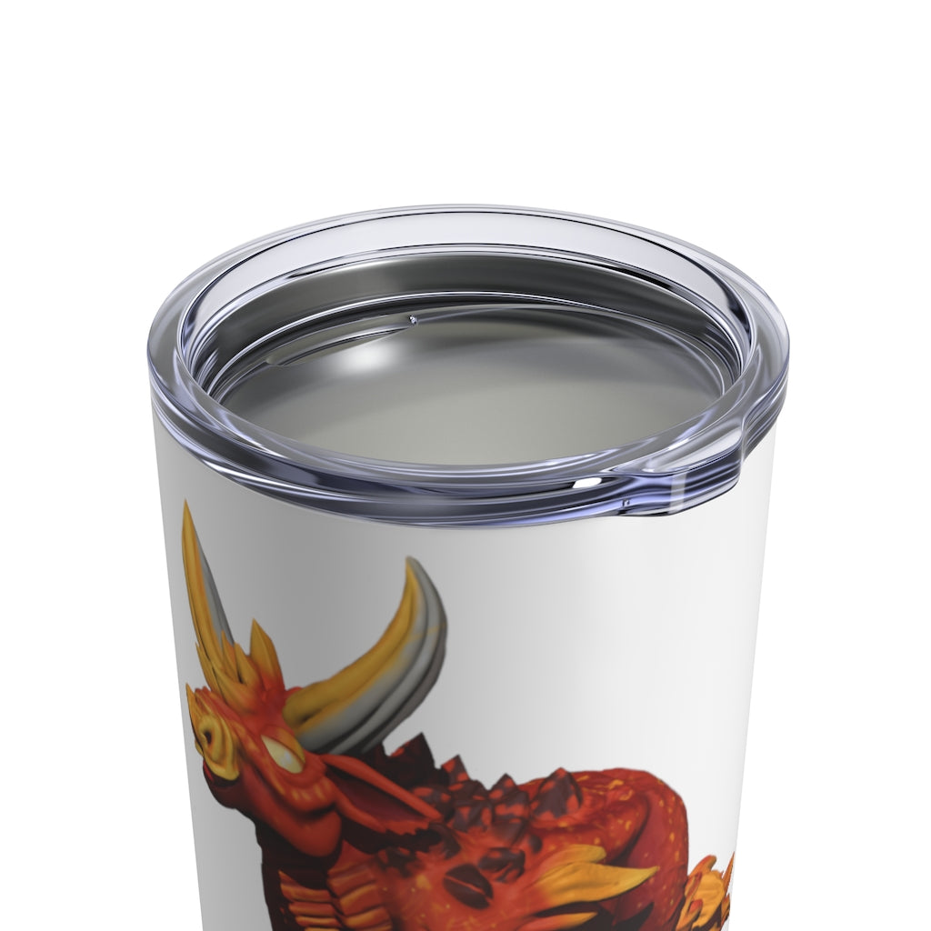 Fire Bull Tumbler 10oz made of stainless steel with a see-thru plastic lid, showcasing its sleek design and rounded corners.