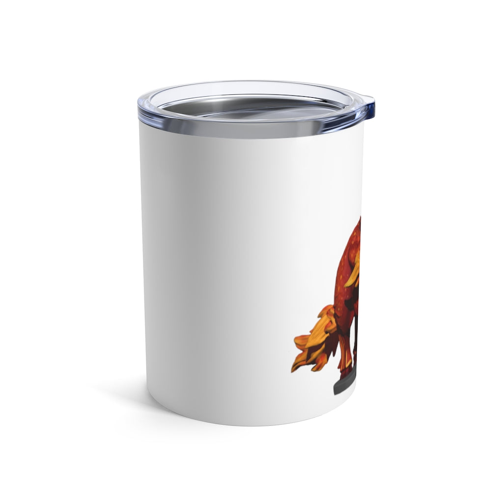 Fire Bull Tumbler 10oz in stainless steel with a see-thru plastic lid, showcasing its sleek design and rounded corners.