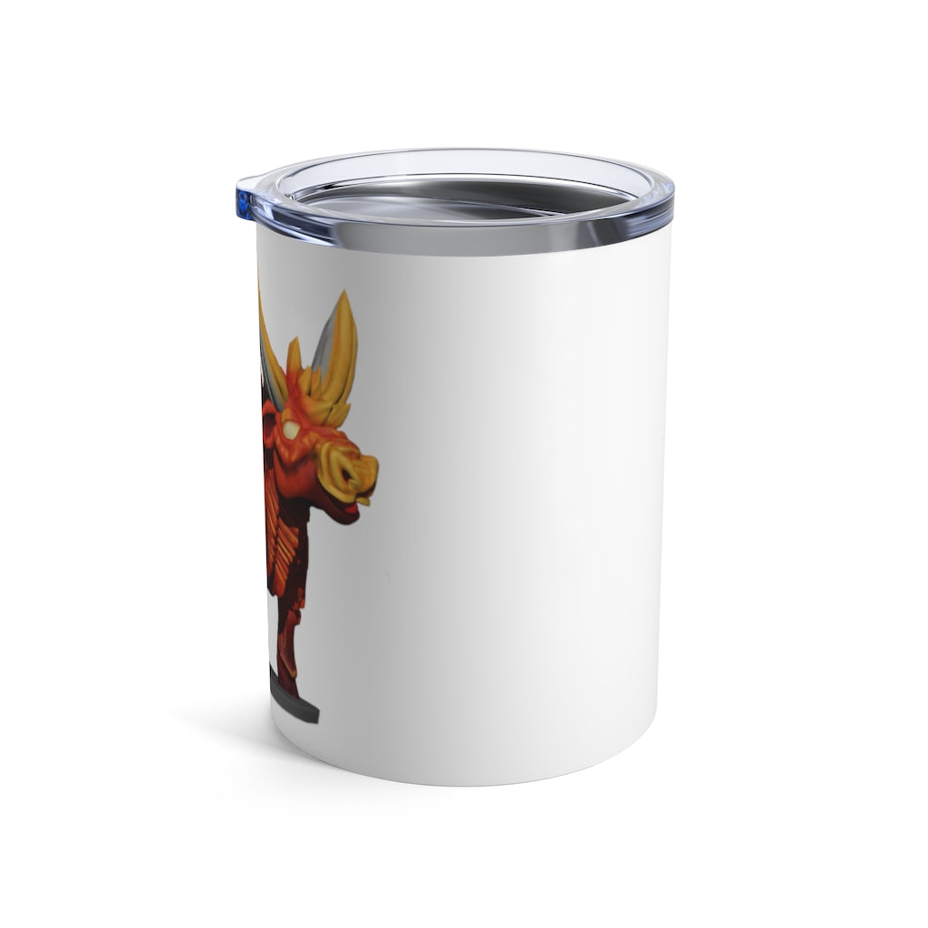 Fire Bull Tumbler 10oz in stainless steel with a see-thru plastic lid, showcasing its sleek design and rounded corners.