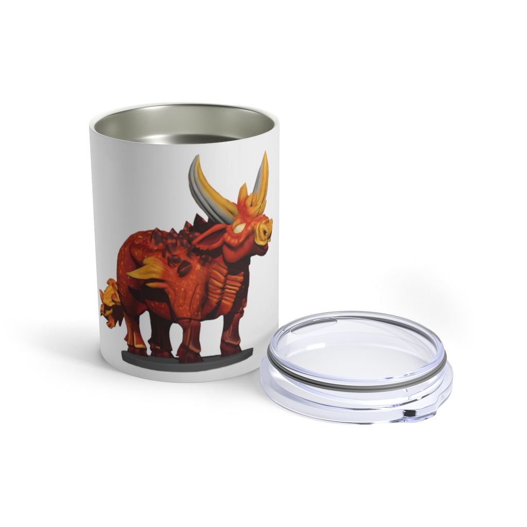 Fire Bull Tumbler 10oz in stainless steel with a see-thru plastic lid, showcasing its sleek design and rounded corners.