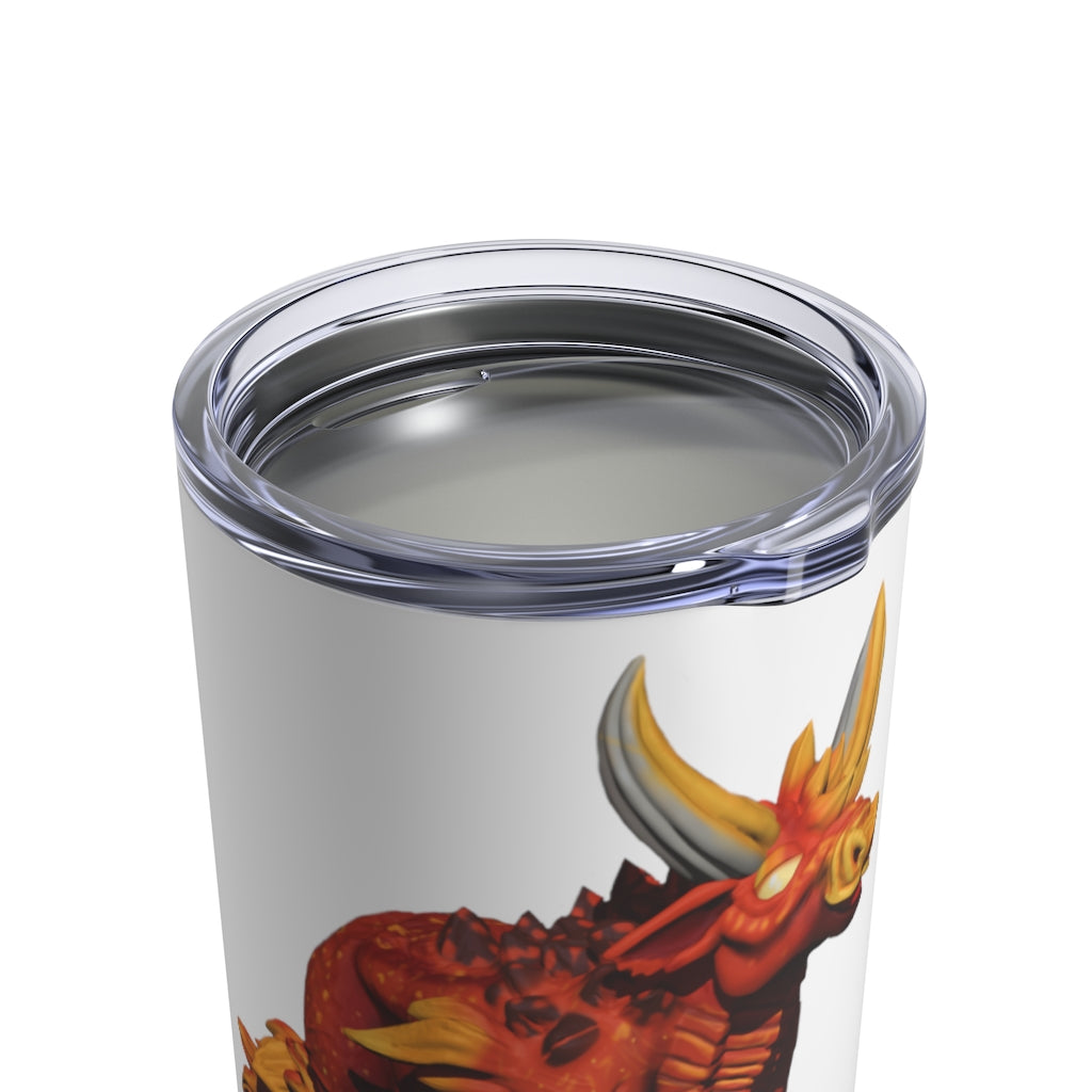 Fire Bull Tumbler 10oz in stainless steel with a see-thru plastic lid, showcasing its sleek design and rounded corners.