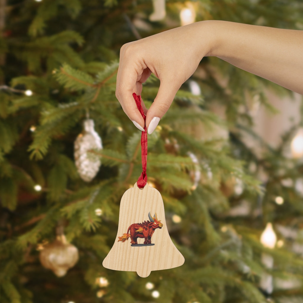 Fire Bull Wooden Christmas Ornaments featuring six whimsical shapes with a rustic wooden finish and red hanging ribbons.