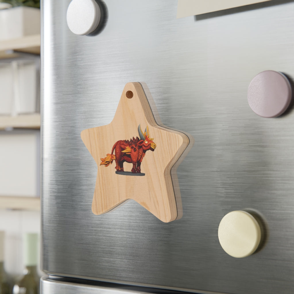 Fire Bull Wooden Christmas Ornaments featuring six whimsical shapes with a rustic wooden finish and red hanging ribbons.