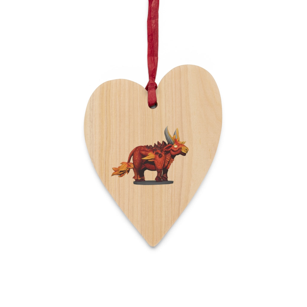 Fire Bull Wooden Christmas Ornaments featuring six whimsical shapes with a rustic wooden finish and red hanging ribbons.