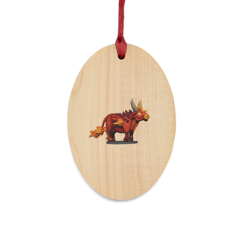 Fire Bull Wooden Christmas Ornaments featuring six whimsical shapes with a rustic wooden finish and red hanging ribbons.