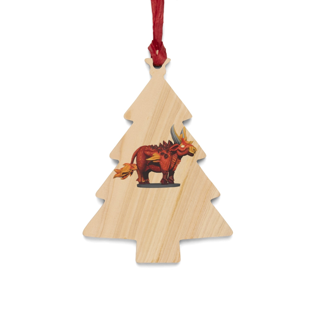 Fire Bull Wooden Christmas Ornaments featuring six whimsical shapes with a rustic wooden finish and red hanging ribbons.