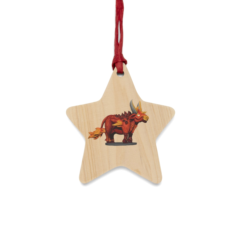 Fire Bull Wooden Christmas Ornaments featuring six whimsical shapes with a rustic wooden finish and red hanging ribbons.