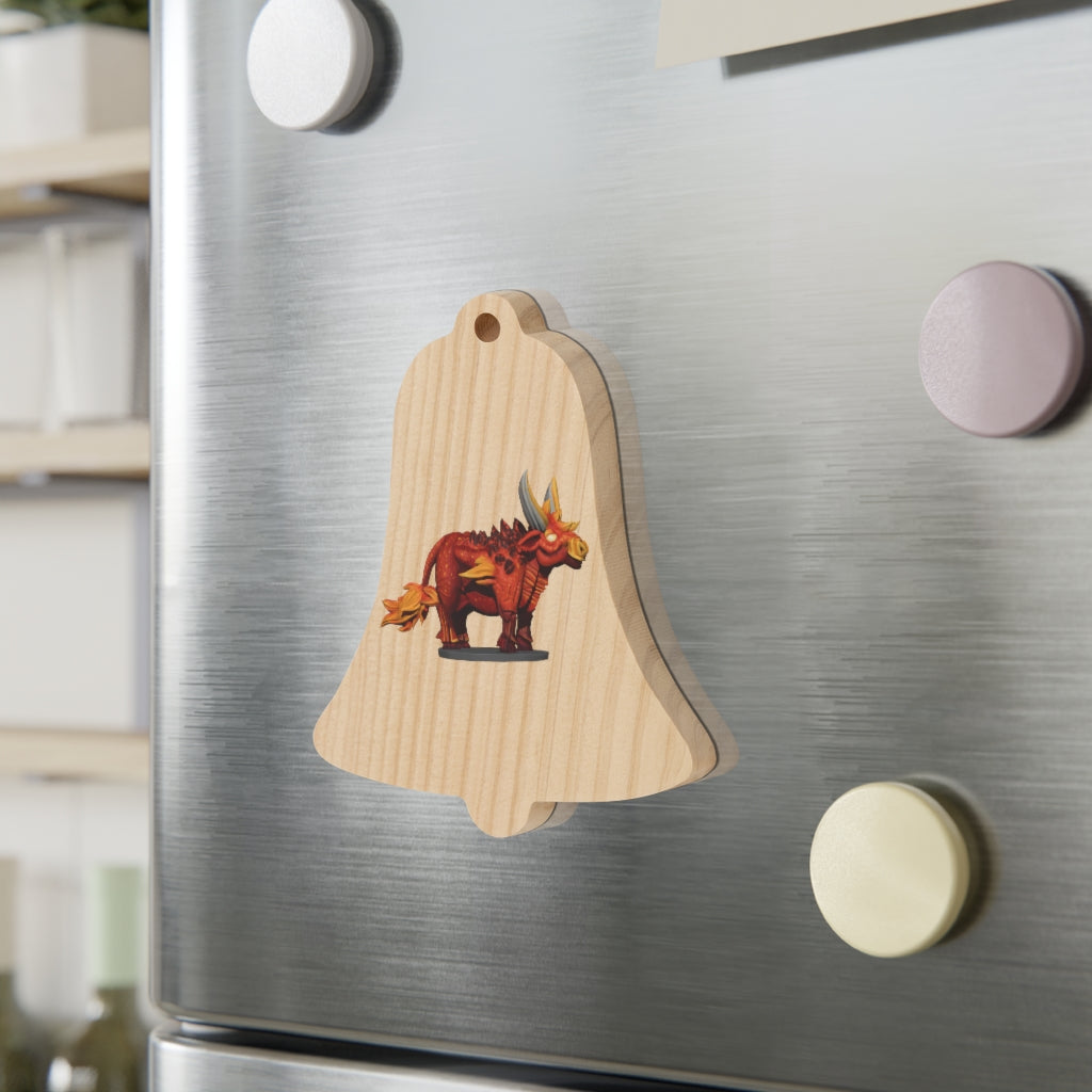 Fire Bull Wooden Christmas Ornaments featuring six whimsical shapes with a rustic wooden finish and red hanging ribbons.