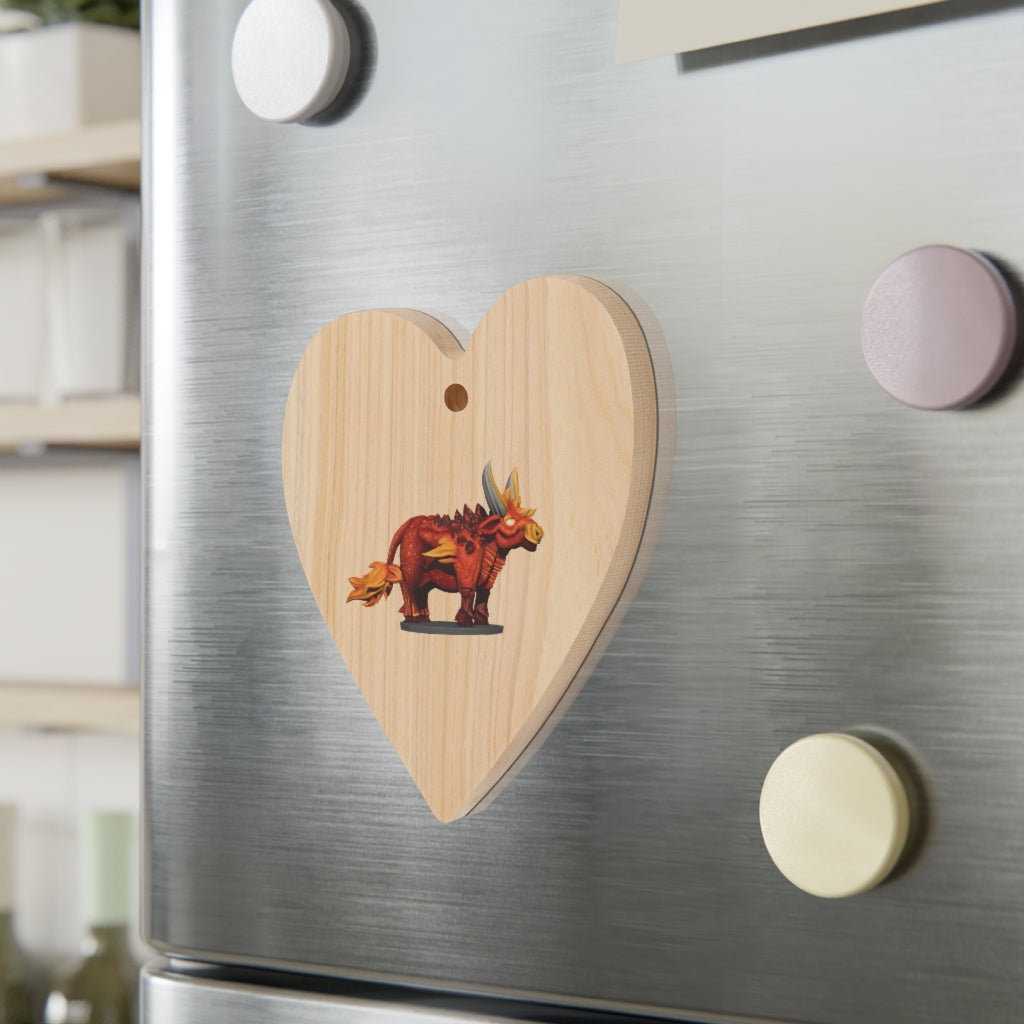 Fire Bull Wooden Christmas Ornaments featuring six whimsical shapes with a rustic wooden finish and red hanging ribbons.