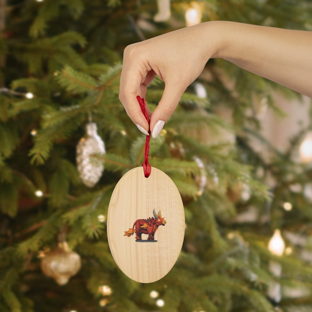 Fire Bull Wooden Christmas Ornaments featuring six whimsical shapes with a rustic wooden finish and red hanging ribbons.