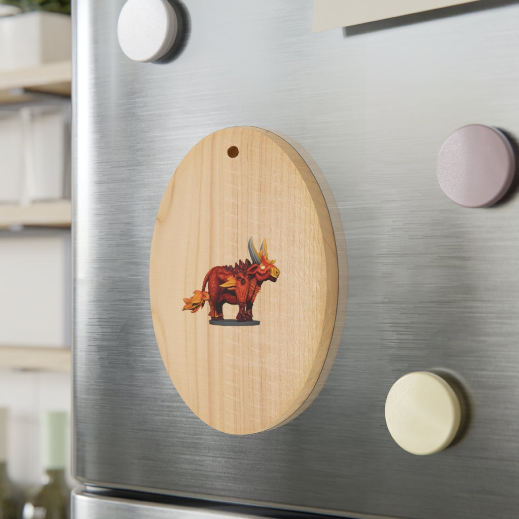 Fire Bull Wooden Christmas Ornaments featuring six whimsical shapes with a rustic wooden finish and red hanging ribbons.