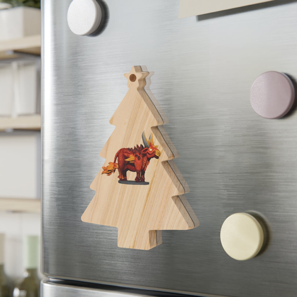 Fire Bull Wooden Christmas Ornaments featuring six whimsical shapes with a rustic wooden finish and red hanging ribbons.