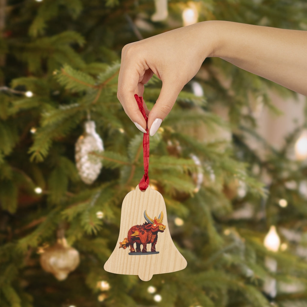 Fire Bull Wooden Christmas Ornaments in various whimsical shapes with red ribbons, showcasing rustic wooden design.