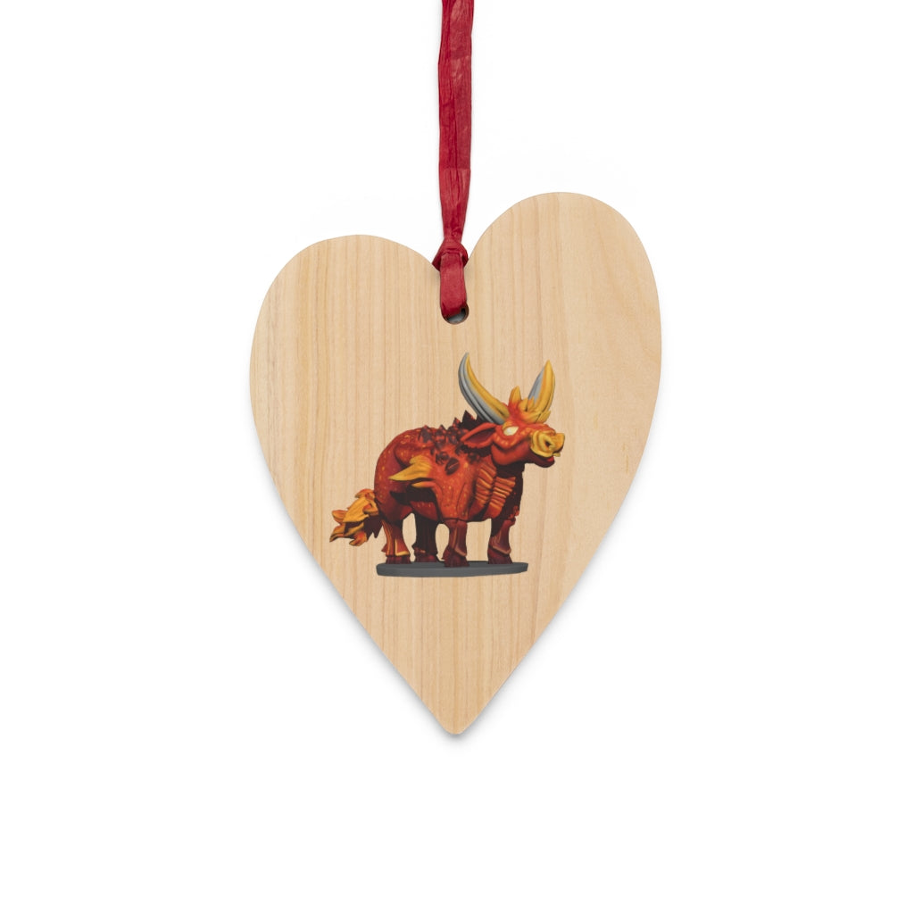 Fire Bull Wooden Christmas Ornaments in various whimsical shapes with red ribbons, showcasing rustic wooden design.