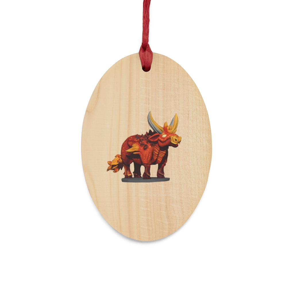 Fire Bull Wooden Christmas Ornaments in various whimsical shapes with red ribbons, showcasing rustic wooden design.