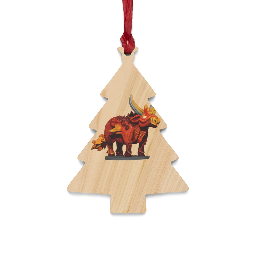 Fire Bull Wooden Christmas Ornaments in various whimsical shapes with red ribbons, showcasing rustic wooden design.