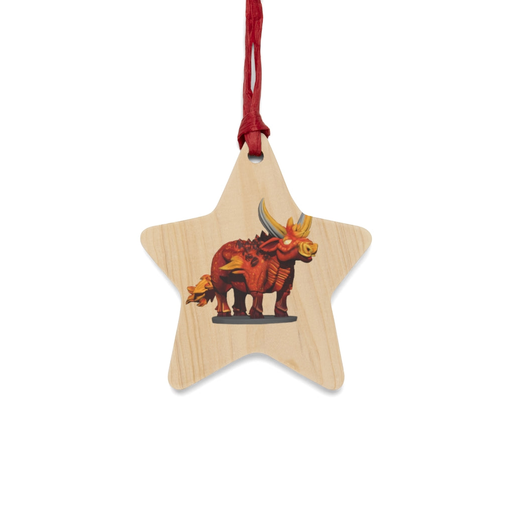 Fire Bull Wooden Christmas Ornaments in various whimsical shapes with red ribbons, showcasing rustic wooden design.