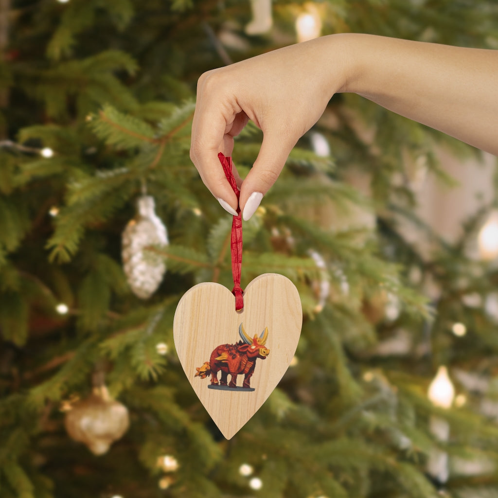 Fire Bull Wooden Christmas Ornaments in various whimsical shapes with red ribbons, showcasing rustic wooden design.