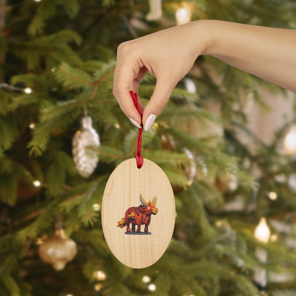 Fire Bull Wooden Christmas Ornaments in various whimsical shapes with red ribbons, showcasing rustic wooden design.