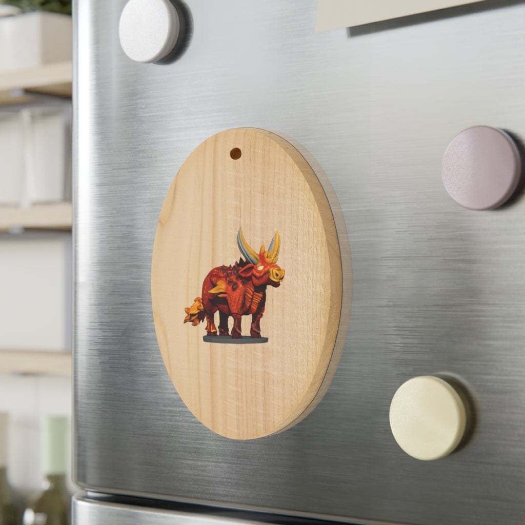 Fire Bull Wooden Christmas Ornaments in various whimsical shapes with red ribbons, showcasing rustic wooden design.