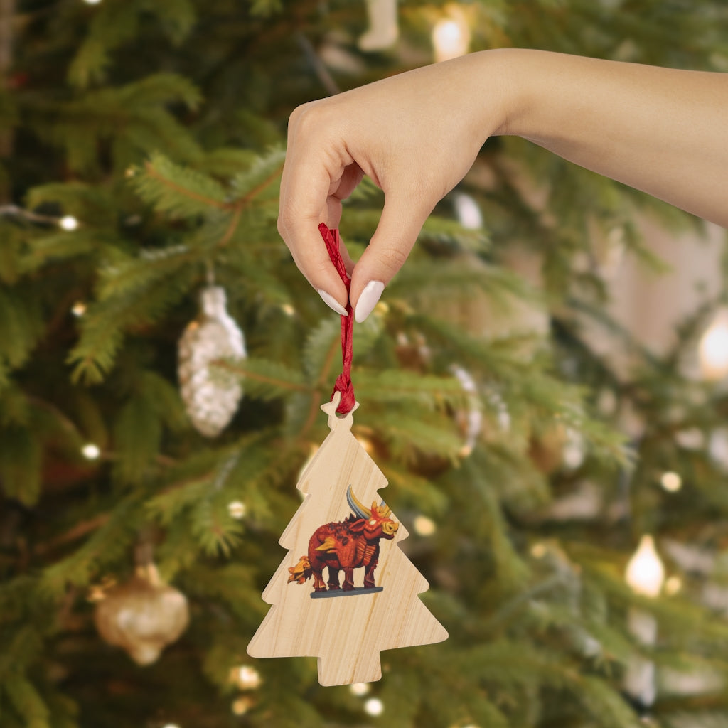 Fire Bull Wooden Christmas Ornaments in various whimsical shapes with red ribbons, showcasing rustic wooden design.