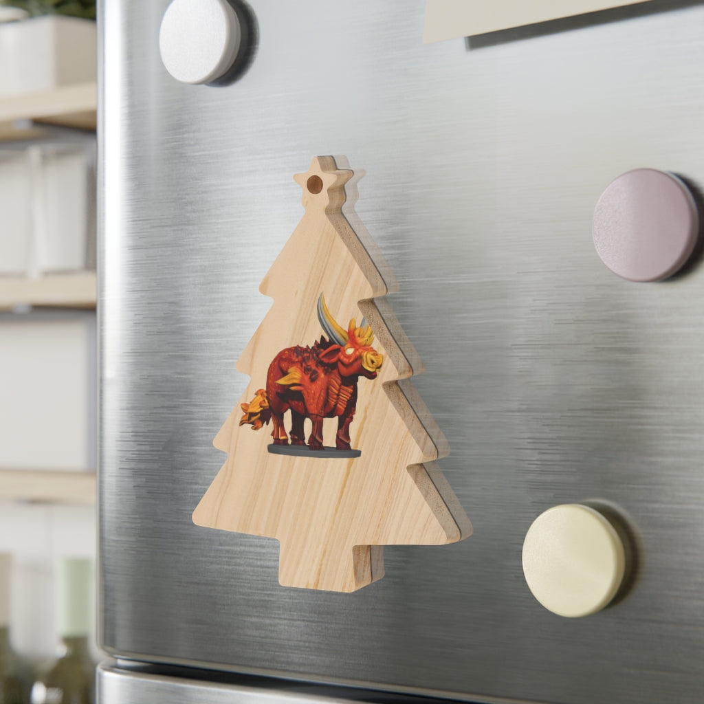 Fire Bull Wooden Christmas Ornaments in various whimsical shapes with red ribbons, showcasing rustic wooden design.