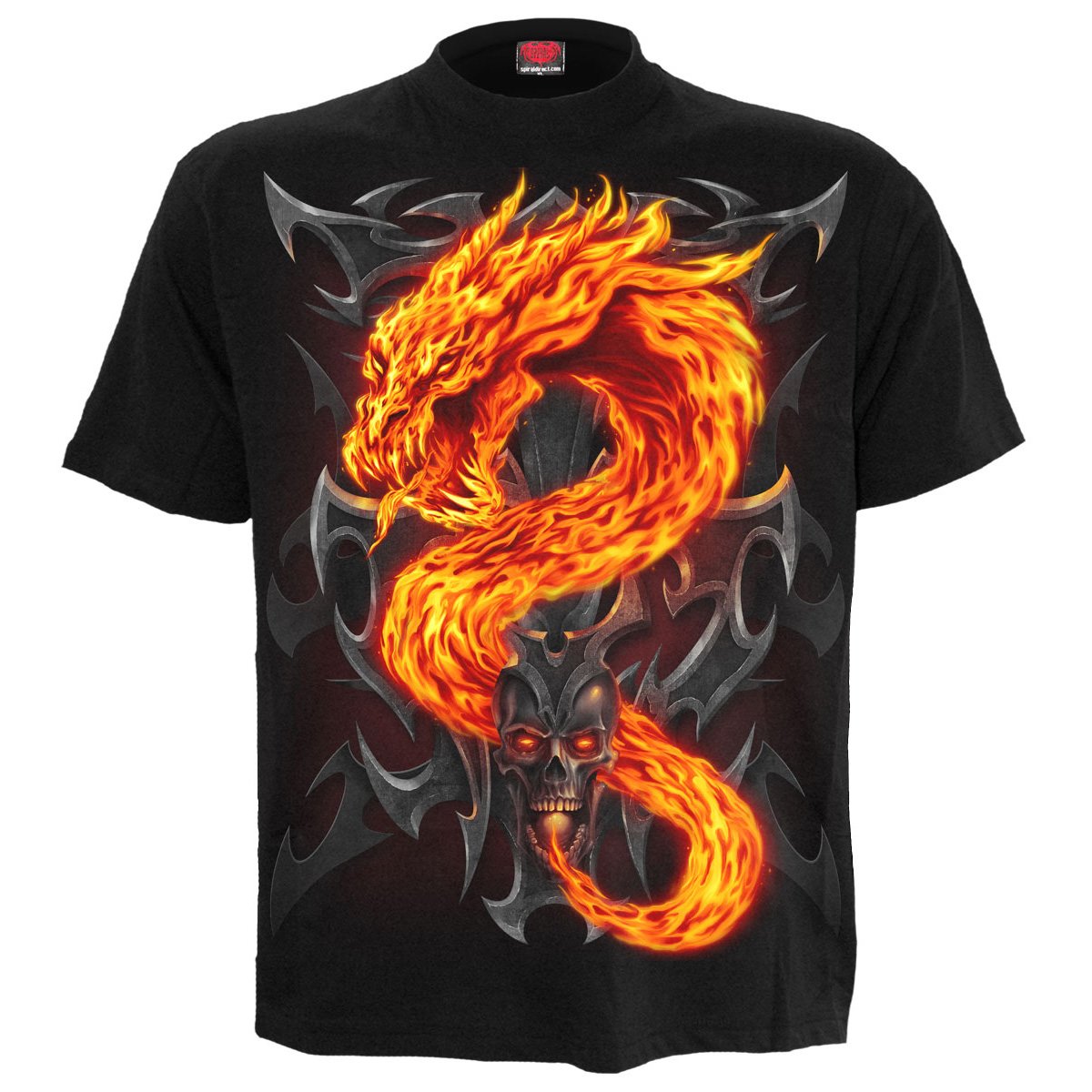 FIRE DRAGON T-Shirt Black featuring a fiery dragon design emerging from an engraved skull on a metallic tribal talisman.