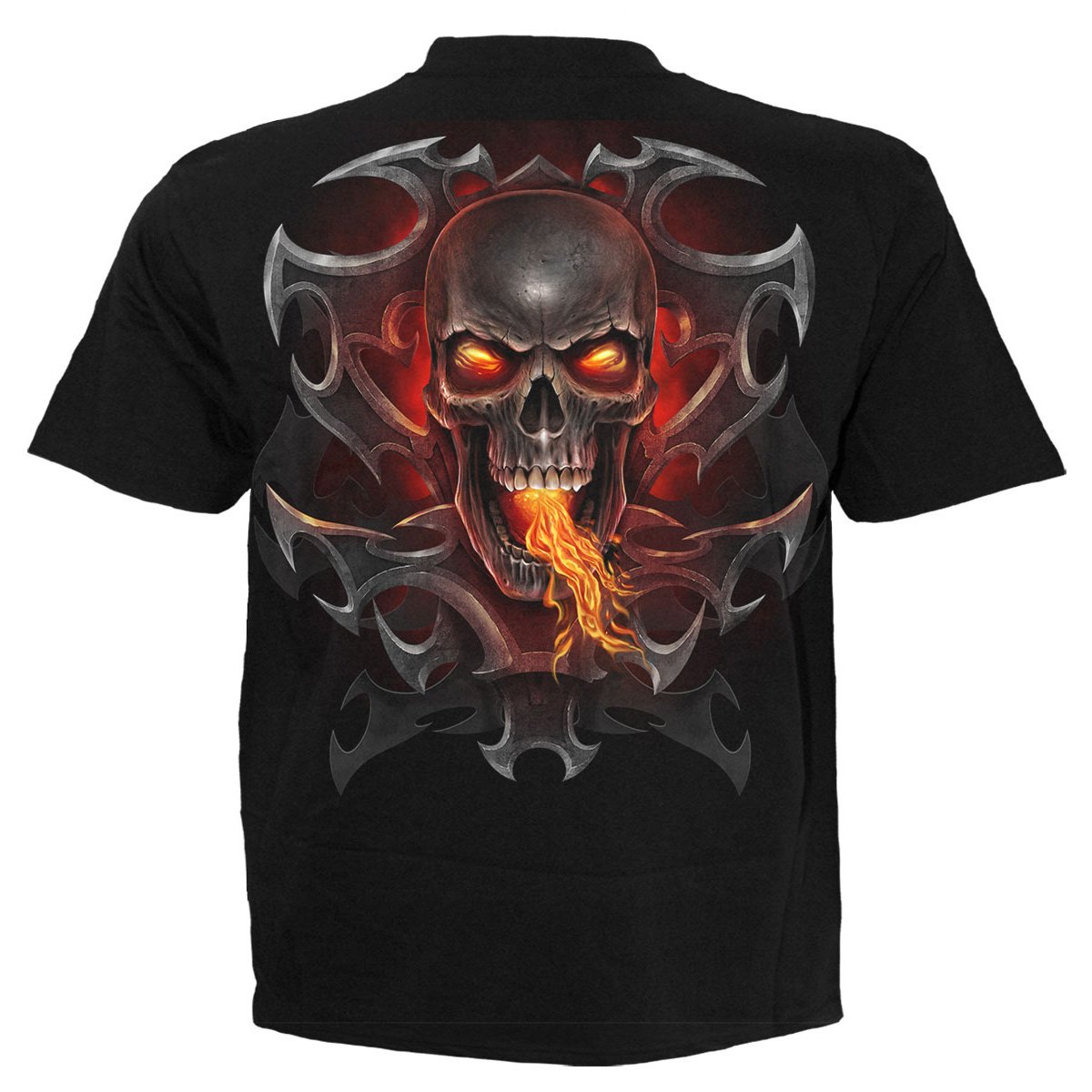 FIRE DRAGON T-Shirt Black featuring a fiery dragon design emerging from an engraved skull on a metallic tribal talisman.