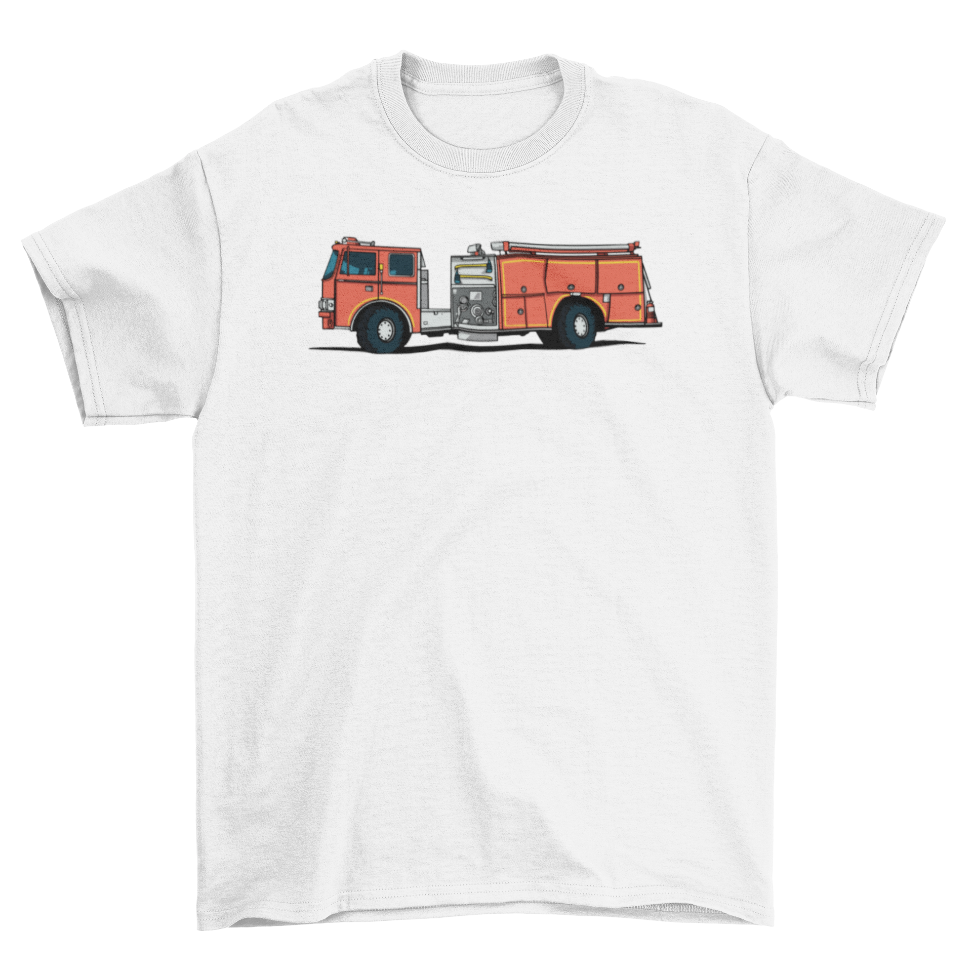 A vibrant t-shirt featuring a detailed fire engine graphic, perfect for enthusiasts of firefighting and emergency services.