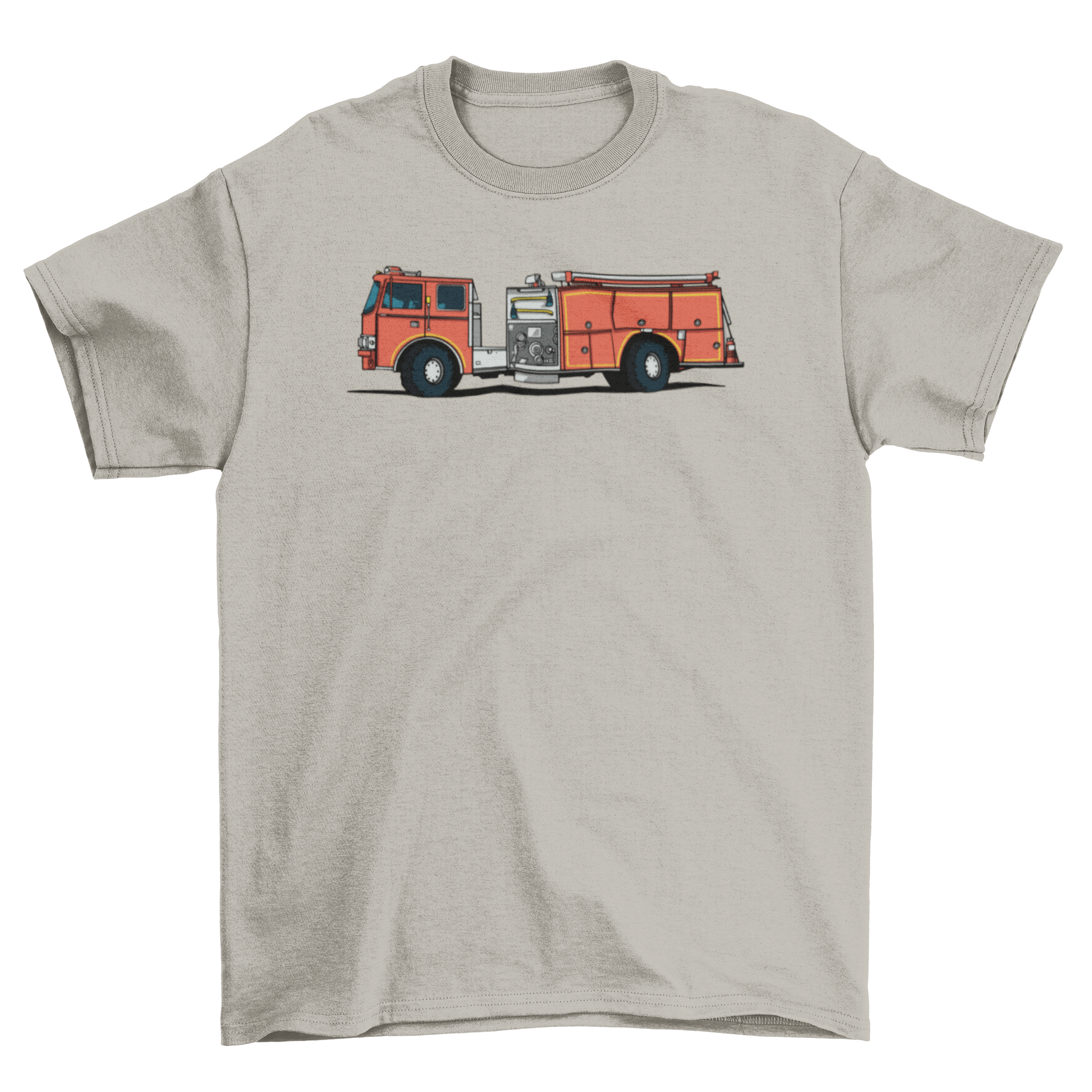 A vibrant t-shirt featuring a detailed fire engine graphic, perfect for enthusiasts of firefighting and emergency services.