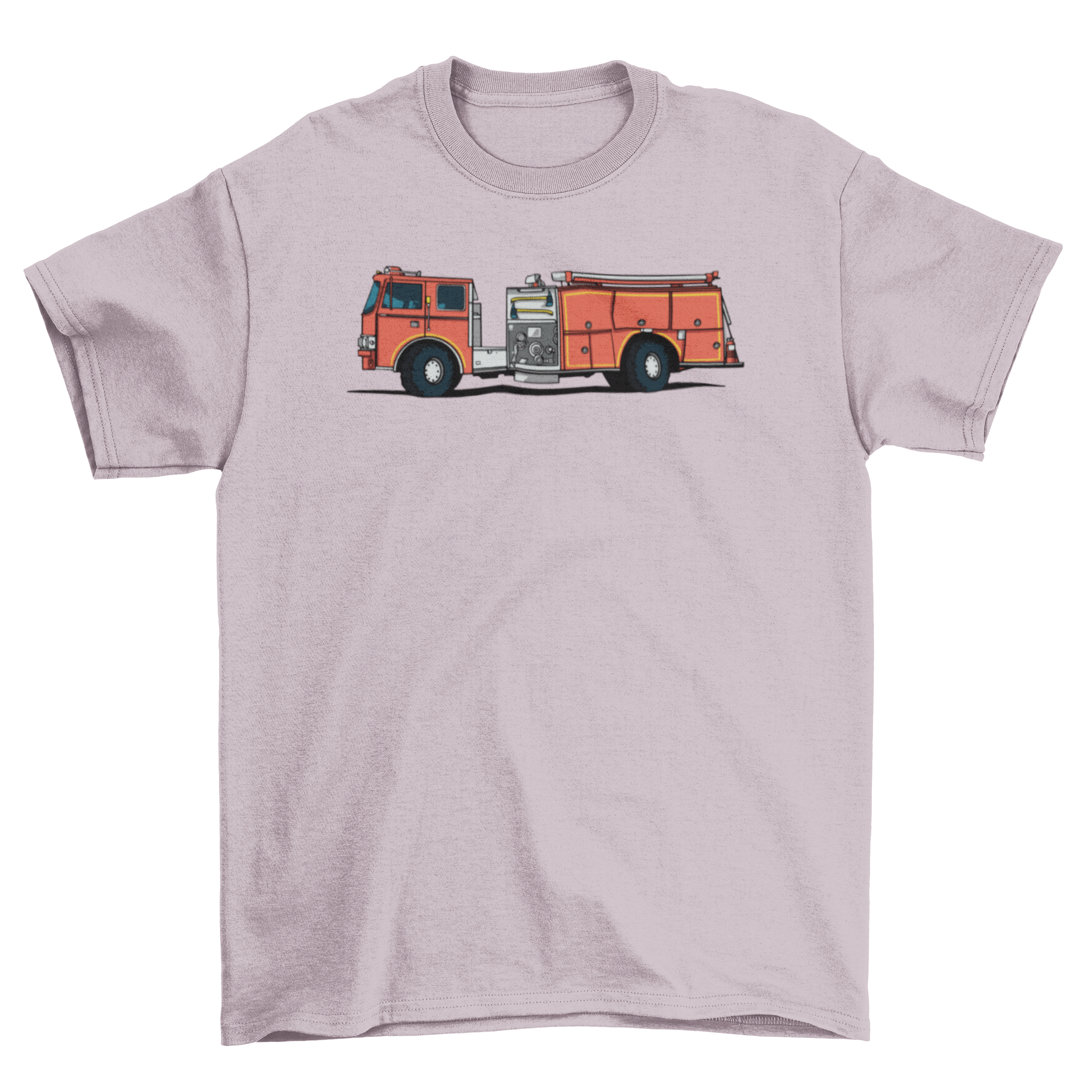 A vibrant t-shirt featuring a detailed fire engine graphic, perfect for enthusiasts of firefighting and emergency services.